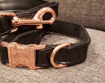 Black Faux Leather Leash with rose gold Dog Leash, Modern Leash, Rose Gold Hardware, Faux Leather.