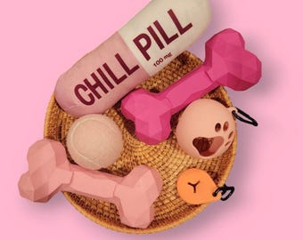 Chill Pill Plush Dog Toy, Ball holder, Color balls, Poop Bag Holder