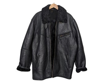 Black lamb leather coat with fur, size 56, robust quality, pilot bomber jacket