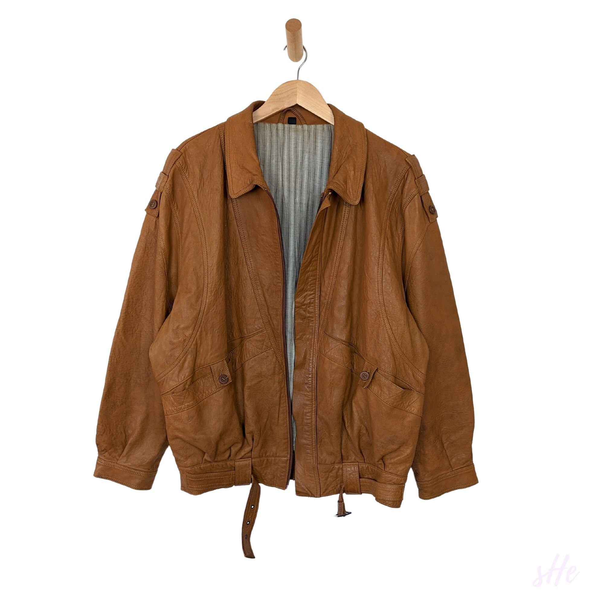 80s 90s Vintage Leather Jacket L Bomber Style Light Brown - Etsy