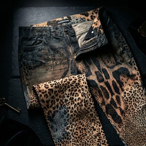 May include: Denim jeans with a bold leopard print design. The trousers have a button and zip fastening, front and back pockets, and the brand name "roccobarocco" on the waistband. The leopard print features brown and black spots.