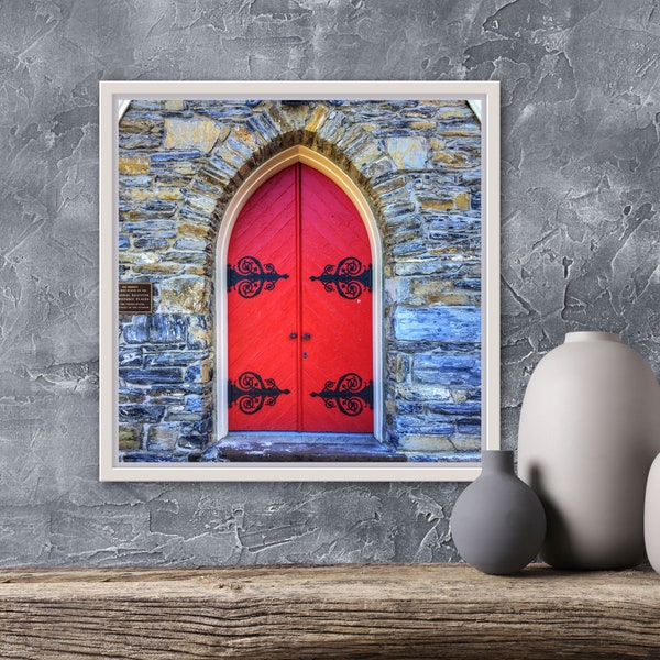 Black and White Photo Stone Church with red door Color pop, art digital Print, Maine Travel gift Gothic Photography close up printable