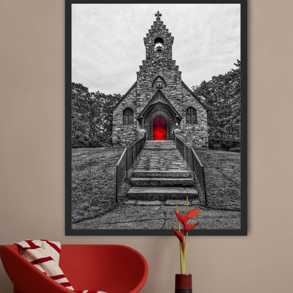 Black and White Photo Stone Church with red door Color pop, art digital Print, Maine Travel gift Gothic Photography