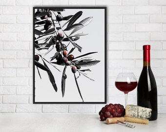 Olives grecques Rameau d'olivier grec, photo de cuisine noir et blanc, art mural, nourriture, voyage, arbre de photographie numérique
