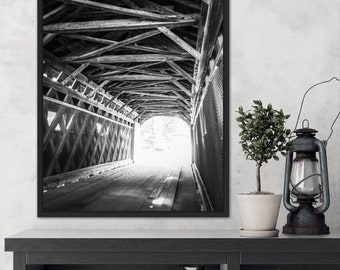 Impresión fotográfica en blanco y negro del Puente Cubierto de Vermont (descarga digital)