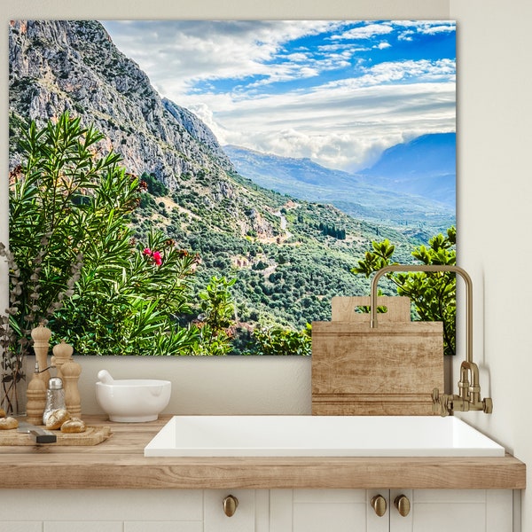 Delphi Greece, Travel gift photo, wall art mountains, olives, Photography Wall art, printable, valley. Temple of Apollo Olive Trees