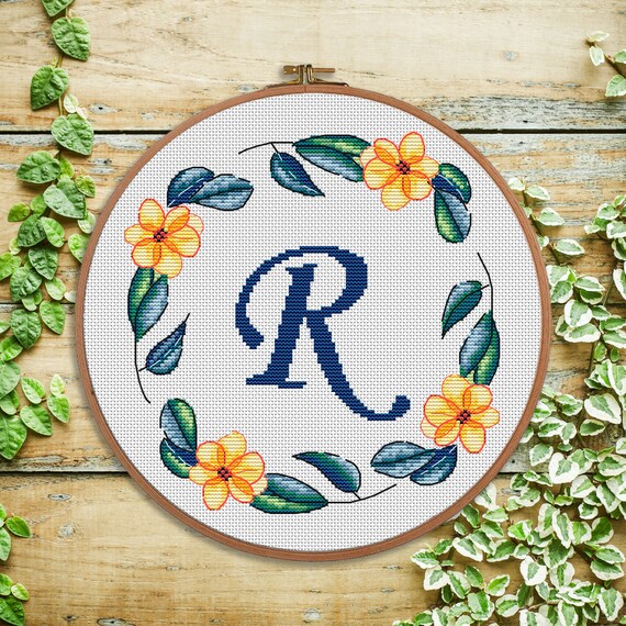 botanical design baby announcement Personalized monogram J Cross stitch pattern Christmas flower wreath alphabet personalized