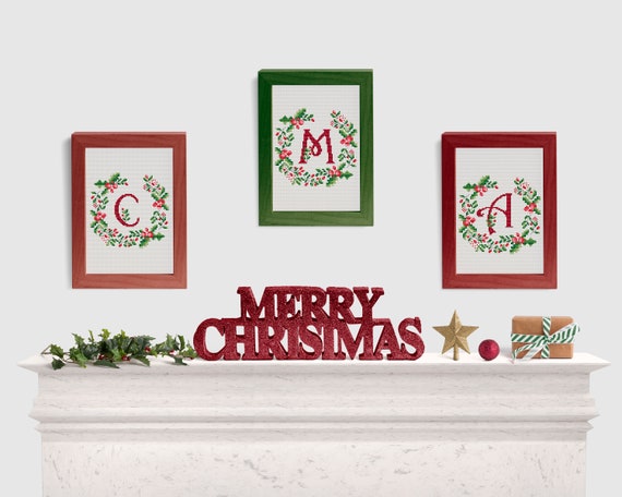 botanical design baby announcement Personalized monogram J Cross stitch pattern Christmas flower wreath alphabet personalized