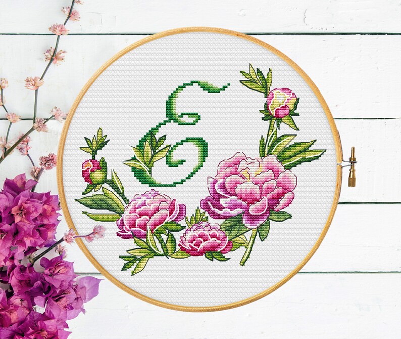 Personalized Cross Stitch Letter E of Peonies Cross Stitch Etsy