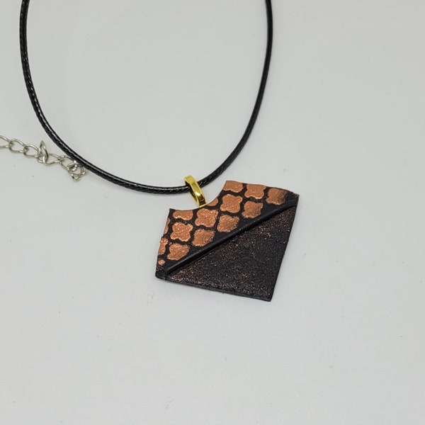 Diamond pendant polymer clay necklace with metallic detailing handmade jewellery 35mm copper black