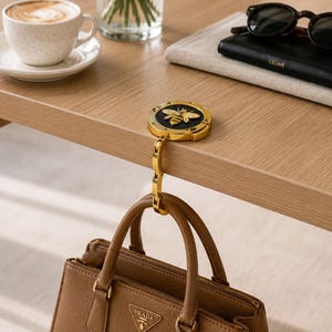 May include: A gold-toned metal bag hook featuring a circular top with a black inlay and a raised gold bee emblem. The hook is attached to the edge of a table, supporting a brown leather handbag with a gold triangular logo plate labelled Prada.