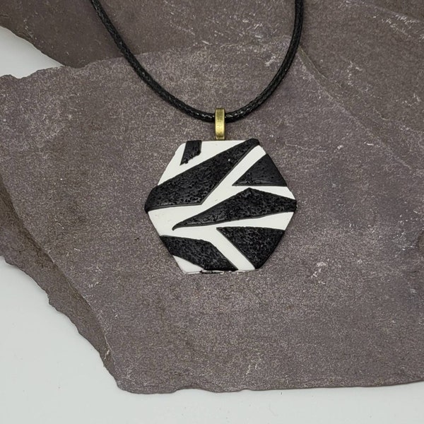 Black white polymer clay pendant necklace handmade  monochrome jewellery 40mm