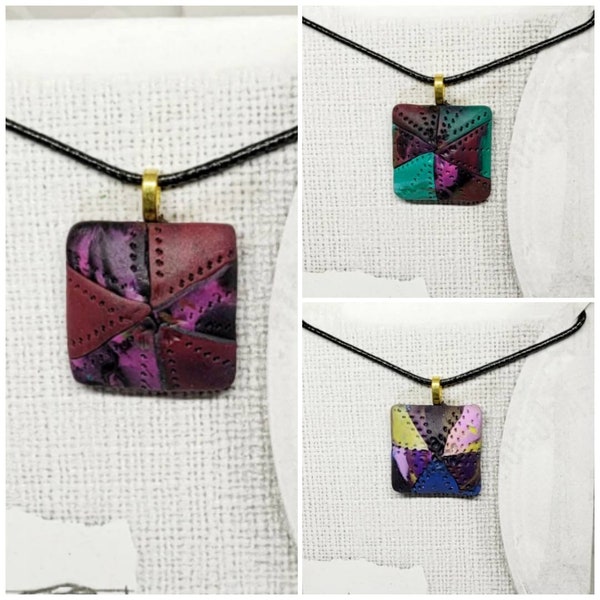 Statement necklace patchwork pendant handmade ceramic jewellery wearable art crafted  from polymer clay square 25mm