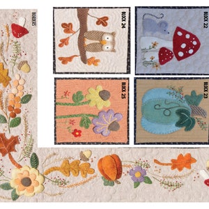 May include: A collection of autumn-themed fabric blocks and borders. The designs include an owl, mouse, mushrooms, pumpkins, and floral arrangements in shades of orange, yellow, green, and brown. The blocks are labeled with numbers and the border has the word "Borders".