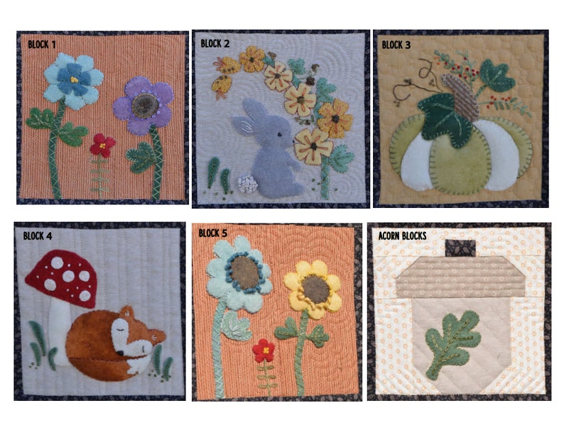 May include: A collection of six fabric blocks with embroidered designs. The blocks feature floral, animal, and seasonal motifs, including flowers, a bunny, a pumpkin, a fox, and an acorn. Each block is square and framed.