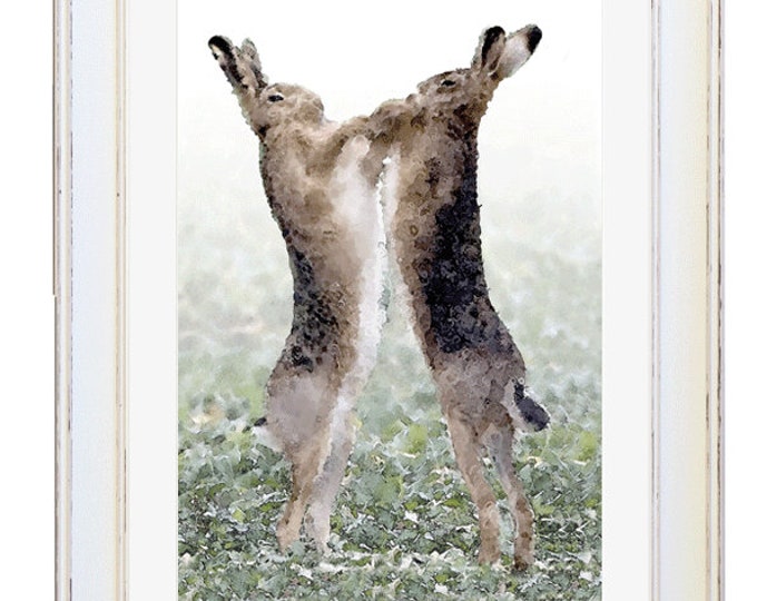 BOXING HARES, Framed Limited Edition Fine Art Giclée Print, from a Digital Line and Wash Illustration, by Gerald Bright