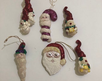 Vintage 1970s Chalkware Ceramic Santa Christmas Ornaments Hand Crafted lot of 6