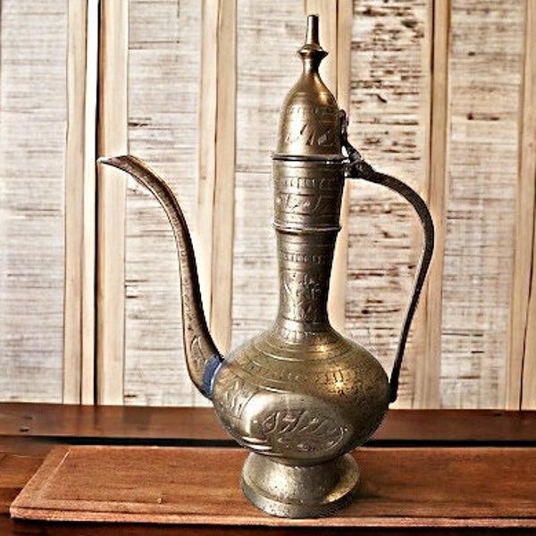 Vintage Brass Ewer Decor Etched  Intricate India
