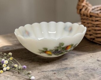 Vintage 1970s Arcopal France Fruits de France Milk Glass Bowl - 8" Scalloped Rim