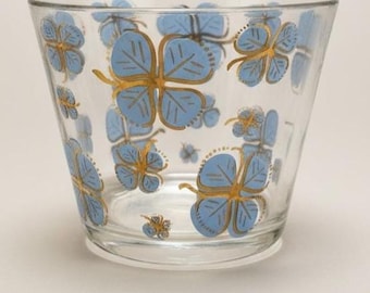 Vintage Federal Glass Blue Clover Ice Bucket – Mid Century Modern Periwinkle & 22K Gold Shamrocks – MCM Barware Centerpiece – 5” x 5.75”