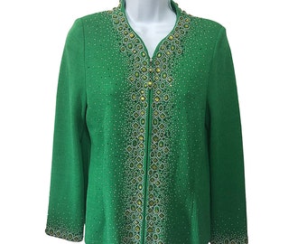 Vintage Jeweled Knit Cardigan Korean Padded Shoulders Zip Front Green Size S