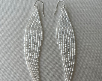 Angel Wing Beaded Fringe Earrings – White Beaded Earrings – Handmade Angel Earrings – Pearl Bead Earrings – Angel Gift – Spiritual Jewelry