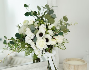 Faux Anemone & White Rose Bouquet, Faux White Roses, White Bouquet, Rose Flowers, Faux White Bouquet, Faux Flower Arrangements