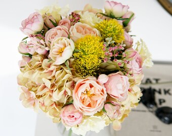 Pink & Yellow Hydrangea Bouquet, Flower Display, Spring Bouquet, Spring Flower Arrangement, Pink Hydrangeas, Pink Roses, Fake Flowers