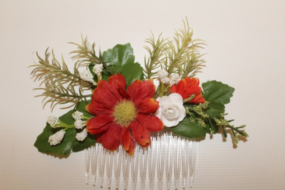 Hair Comb Flowers Wedding Comb Flower Red Orange And White Rose Flowers