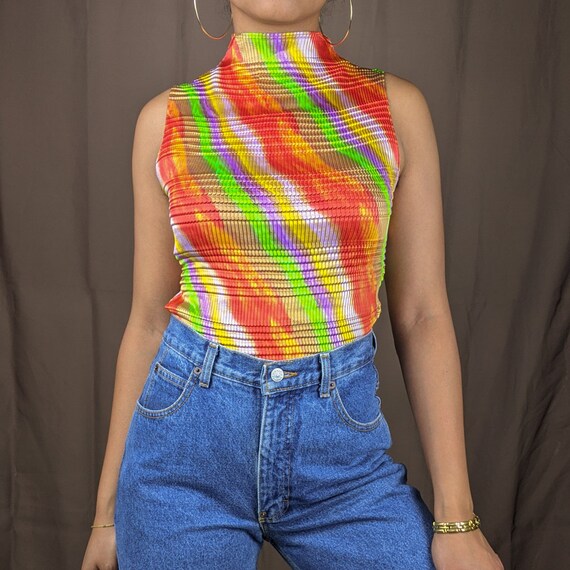 90s Mock Neck Blouse Sleeveless | Neon Green Orang