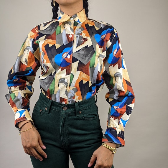 80s Abstract Cubism Print Cotton Button Up Blouse