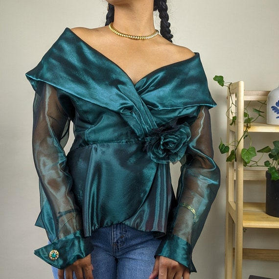 80s XL Sheen Dark Emerald Green Organza Wrap Blous