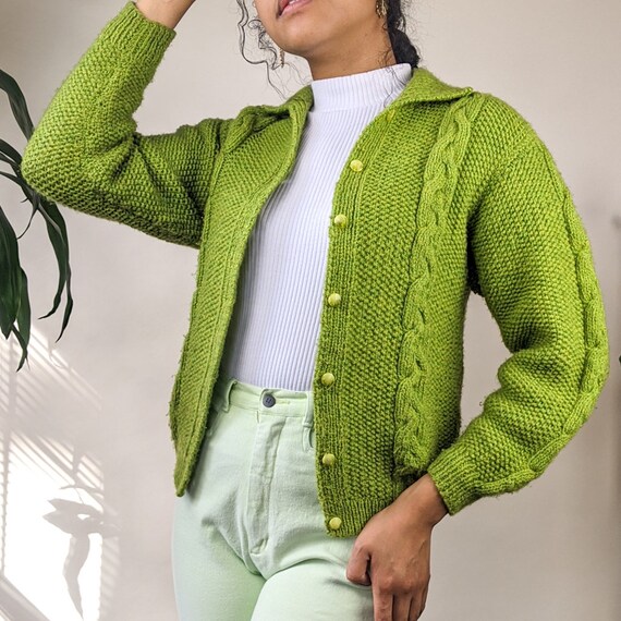 Vintage Cable Knit Cardigan Sweater Green