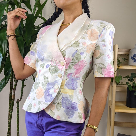 80s Floral Wrap Blouse with Sheer Collar Pastel Co