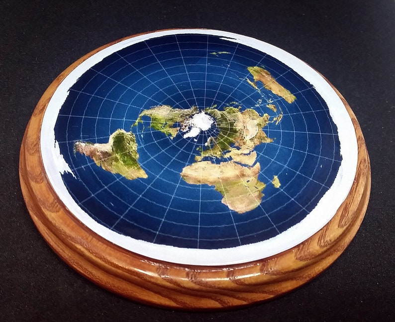 FLAT EARTH MODEL Azimuthal Equidistant Projection Map Ash Wood Base Hand Made image 6