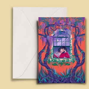A6 Kunst Karte Illustration, Pflanzen Grußkarte, Terracotta Burnt Orange Art, Tattoo Art, bunte Postkarte, Mond und Sterne, Blank Inside