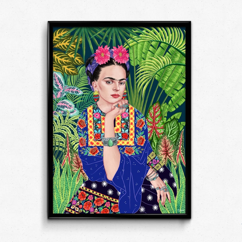 Frida Kahlo Print, Frida Kahlo Art, Mexican Art Decor, Feminist Poster, Jungle Tropical, Botanical Illustration, Feminist Gift, Boho Floral image 1