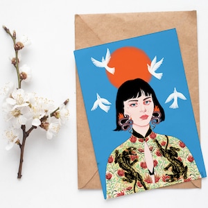 A6 Carte d’art, Blank Inside, Art mur japonais, Illustration de carte de voeux, Anniversaire, Merci, Tatouage, Carte Florale, Toute occasion, Art floral