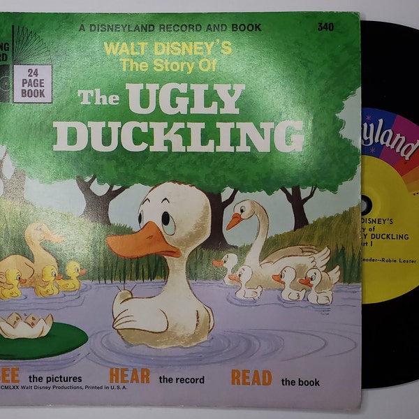 The Ugly Duckling Record and Storybook Vinyl Disney Disneyland Records 1970 7 Inch 33 Book Swan Mother Goose