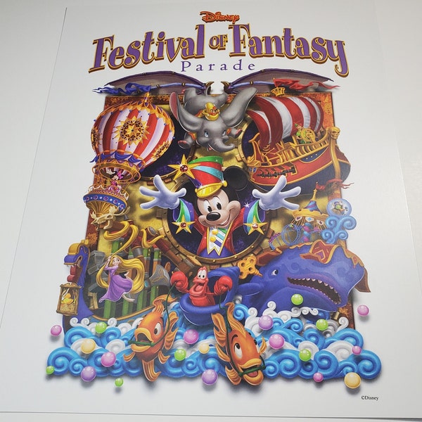 Disney Festival of Fantasy Parade Poster Magic Kingdom Walt Disney World 11x14 Lithograph Jiminy Cricket Dumbo Rapunzel Peter Pan Sebastian