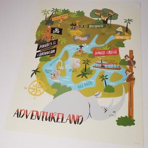Póster con el mapa de Adventureland Magic Kingdom Walt Disney World Auténtico póster de Disney Litografía de 11 x 14 Chip y Dale Piratas del Caribe