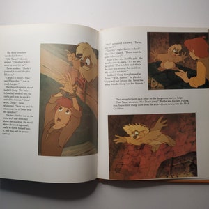 May include: An open book with colorful illustrations from a children's story. The images depict characters in a fantasy setting, including a young man, a furry creature, and a woman with red hair. The illustrations are in a cartoon style.