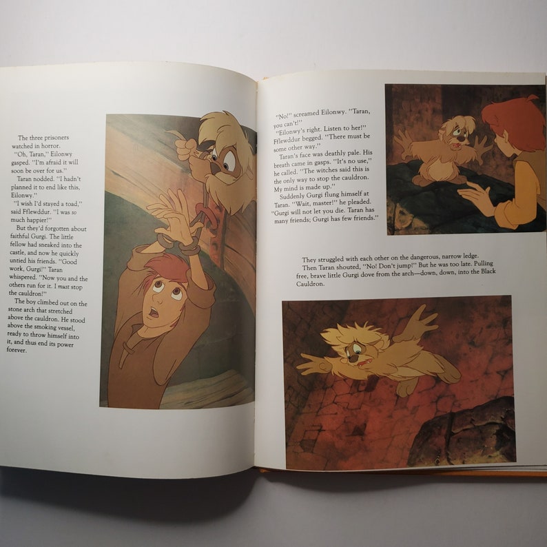 May include: An open book with colorful illustrations from a children's story. The images depict characters in a fantasy setting, including a young man, a furry creature, and a woman with red hair. The illustrations are in a cartoon style.