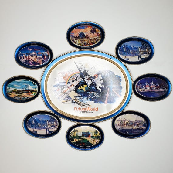 Epcot Center Metal Souvenir Trays Walt Disney World 1982 Spaceship