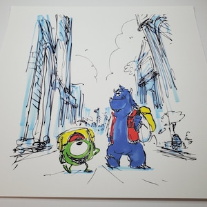 Monsters University Lithograph Authentic Pixar Disney 12x13 Poster Mike Wazowski Sulley Concept Art by Ricky Nierva in Ink and Marker