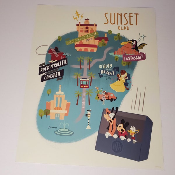 Sunset Blvd Map Poster Disney Hollywood Studios Walt Disney World Authentic Disney Poster Art 11x14 Lithograph MGM Fantasmic Donald Duck