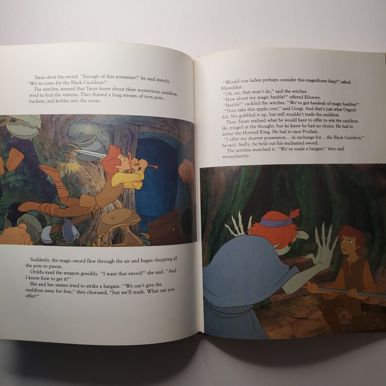 May include: An open book illustration from a children's fantasy story. The left page shows a young man with a sword, while the right page depicts a witch-like figure. Text is visible on both pages.