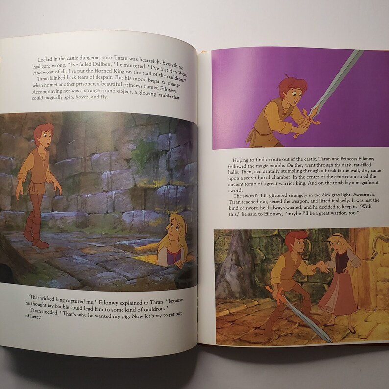 May include: A children's book illustration featuring scenes from a fantasy story. The images depict a young man and a princess in a castle setting. One scene shows the man holding a sword. The color palette includes browns, tans, and purples.