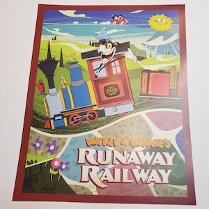 Póster de Mickey y Minnie's Runaway Railway, auténtico póster de Disney, litografía de 11 x 14, de Disney Studios, Goofy Mickey Mouse y Minnie Mouse