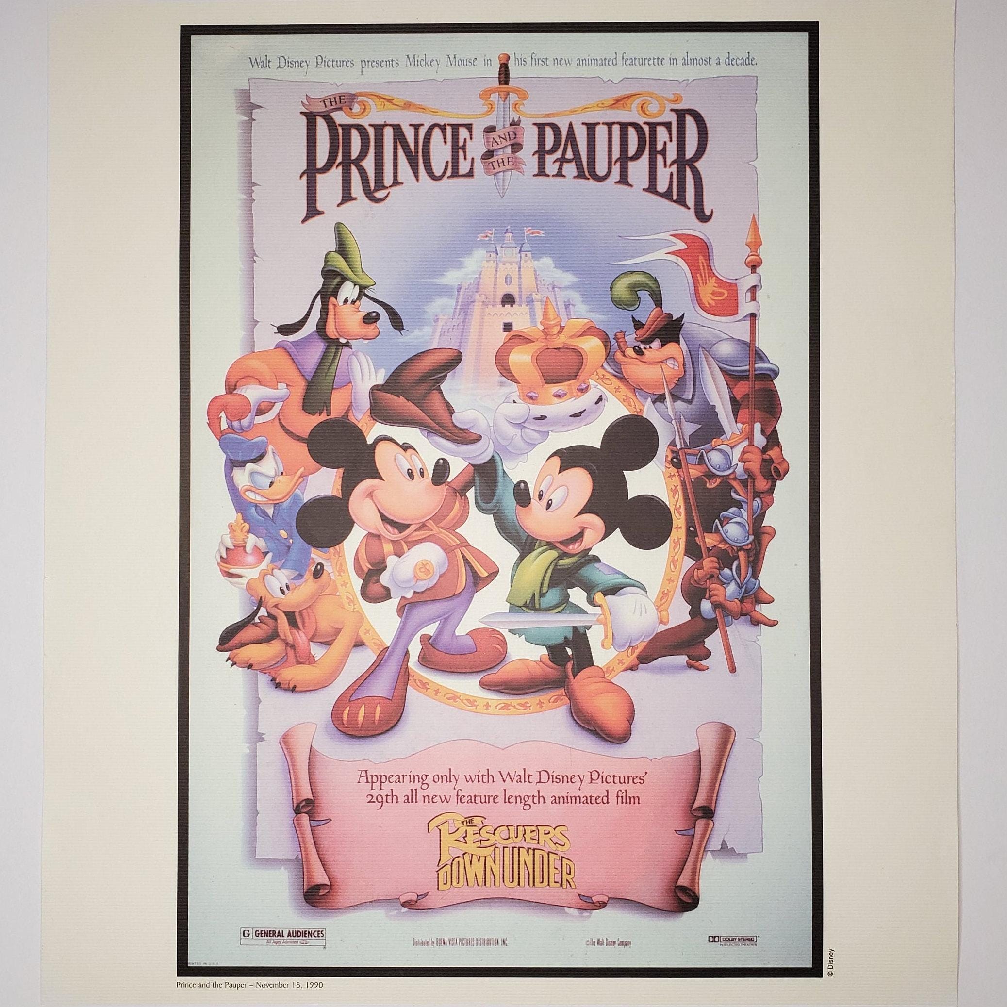 Walt Disney's Prince and the Pauper Movie Poster Authentic Disney Print Art  Mickey Mouse Donald Duck Goofy Peg Leg Pete Lithograph 11.25x15, image size:2075x2075